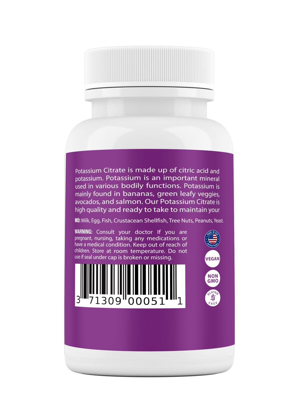 Supplement facts panel showing 99 mg potassium citrate per capsule
