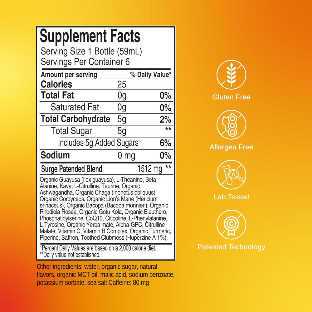 Peach Mango SAGA SURGE energy shot bottle