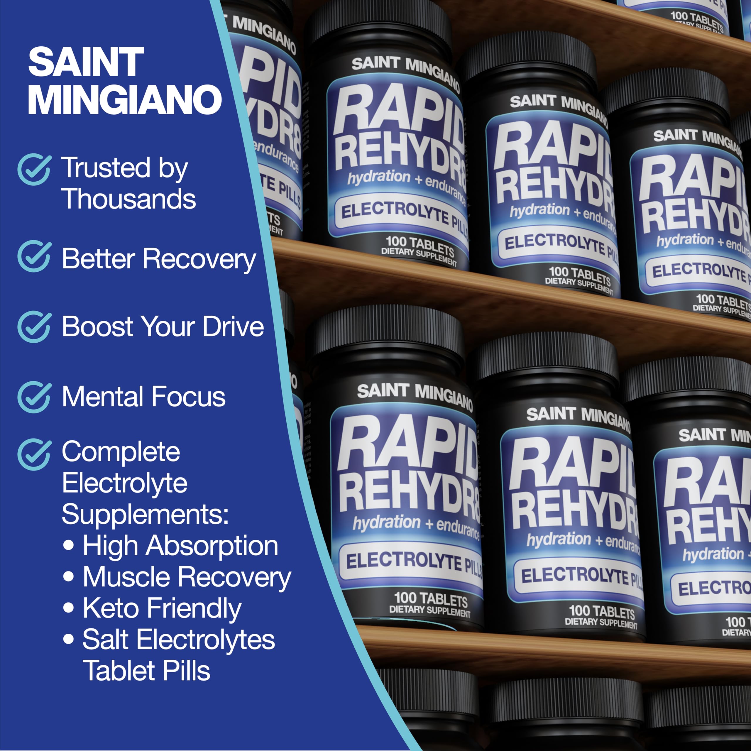 Gym bag with Saint Mingiano Rapid Rehydr8 for on-the-go hydration