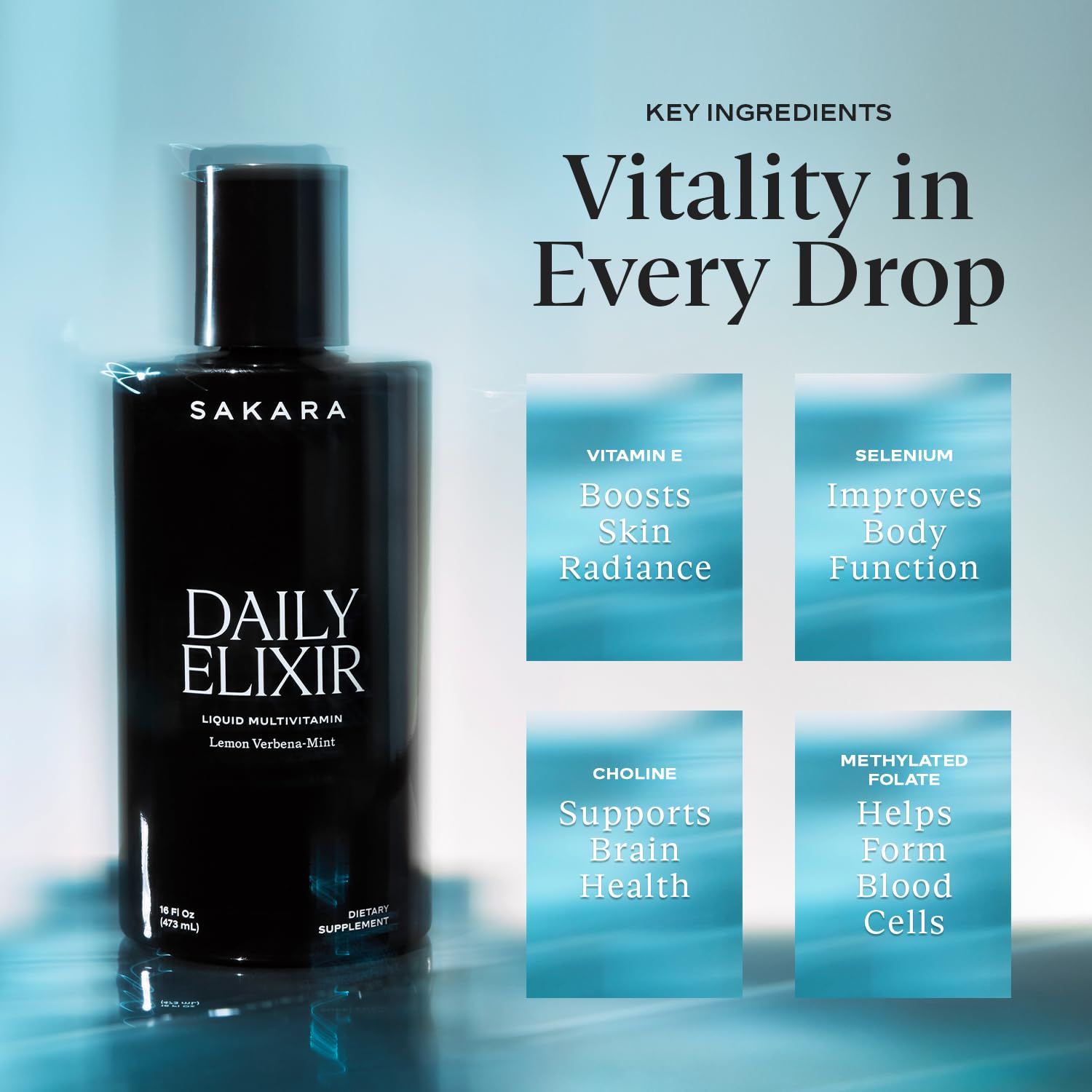 Dropper dispensing Sakara Daily Elixir into a glass