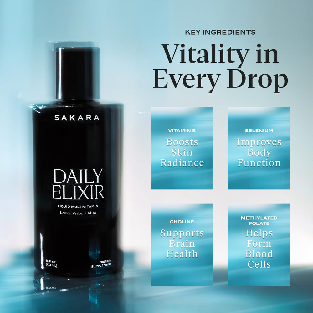 Dropper dispensing Sakara Daily Elixir into a glass