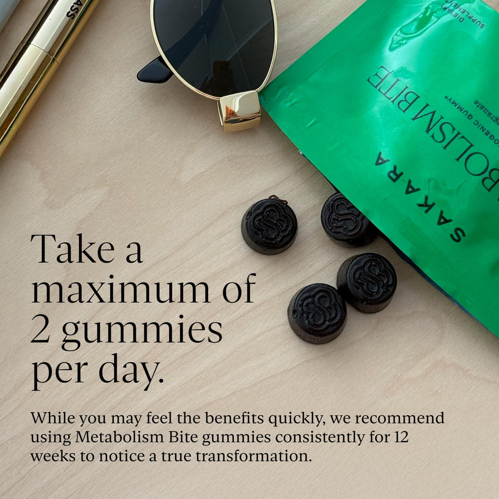 SAKARA Metabolism Bites glass bottle on counter conveying clean, plant-based wellness