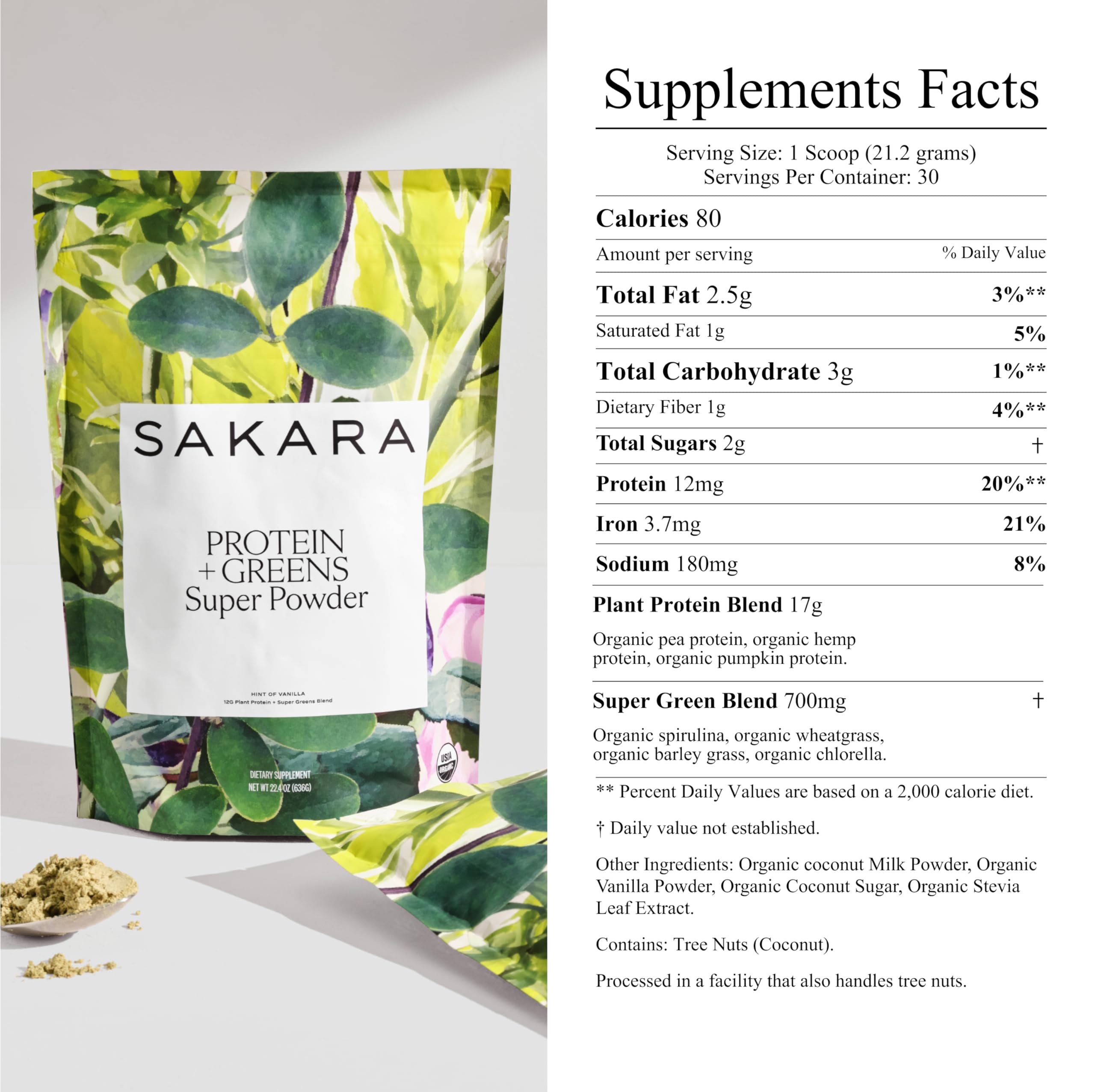 Vanilla-flavored Sakara Protein + Greens powder with serving scoop