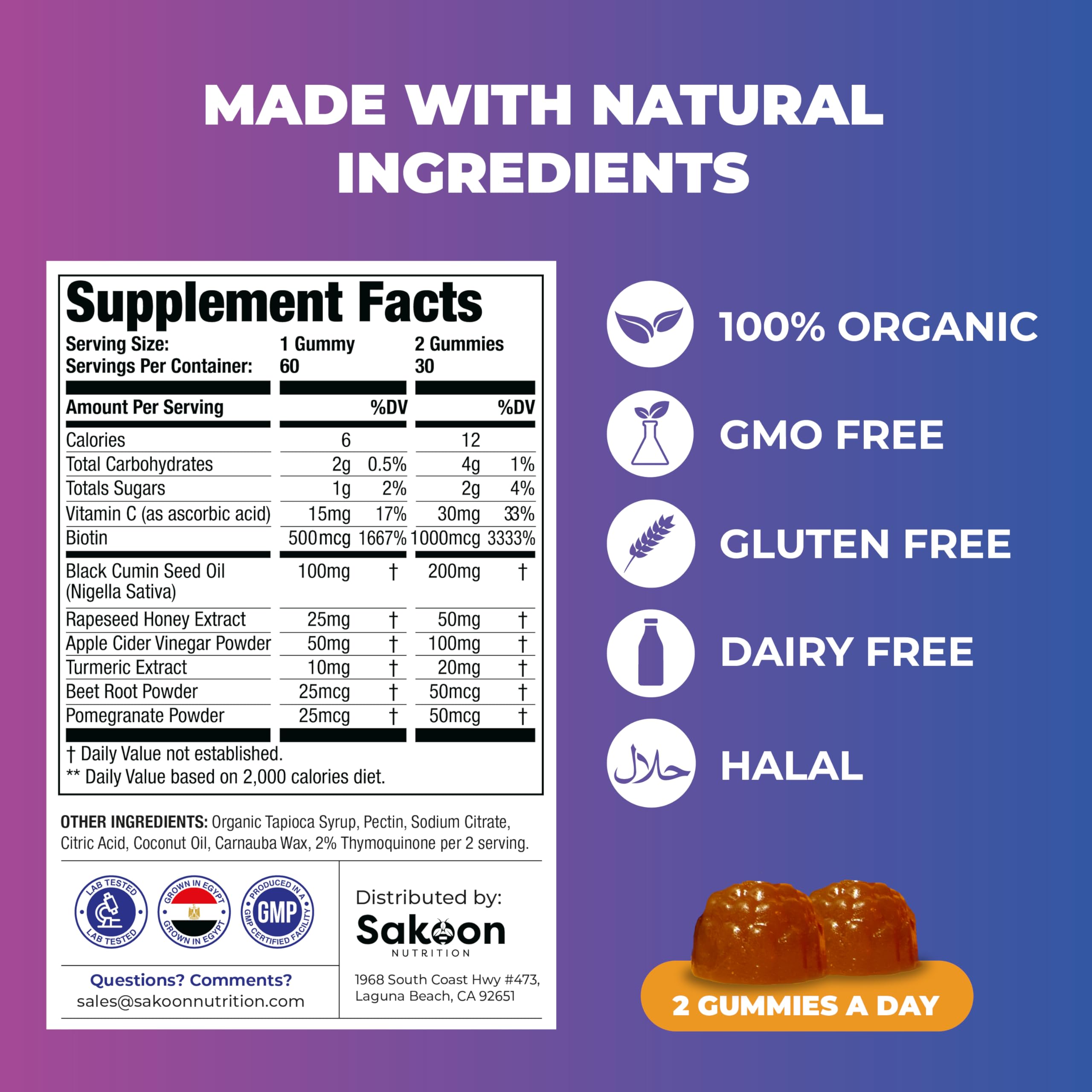 Nutrition facts label for Sakoon Nutrition Black Seed Oil Gummies