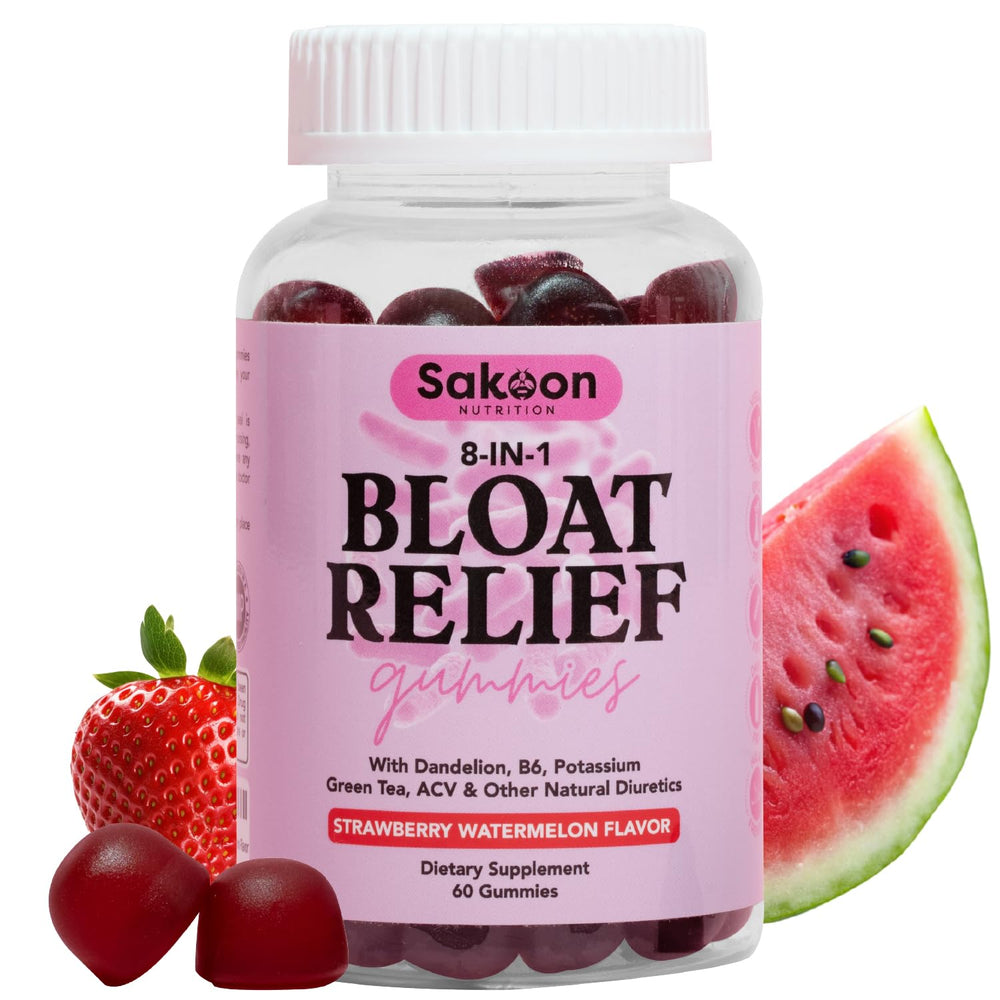 Sakoon Nutrition Bloating Relief Gummies bottle in watermelon flavor for digestion support.