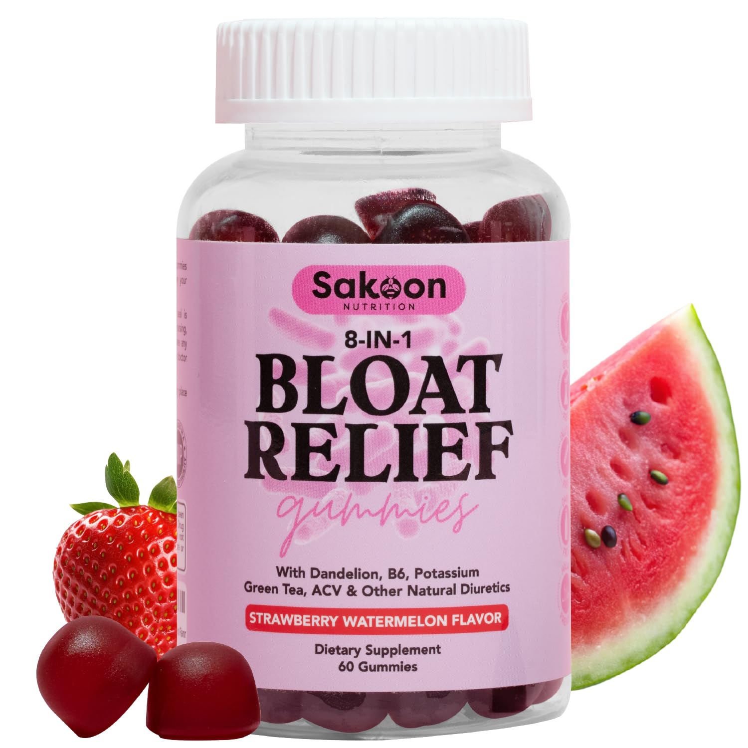 Bottle of Sakoon Nutrition Bloating Relief Gummies for Women in watermelon flavor