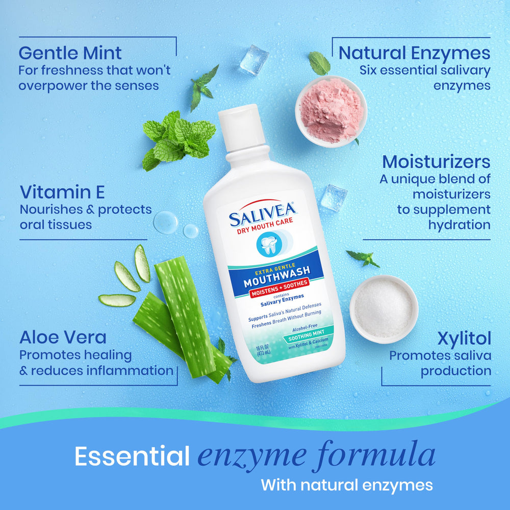 Close-up of mint mouthwash emphasizing a gentle clean