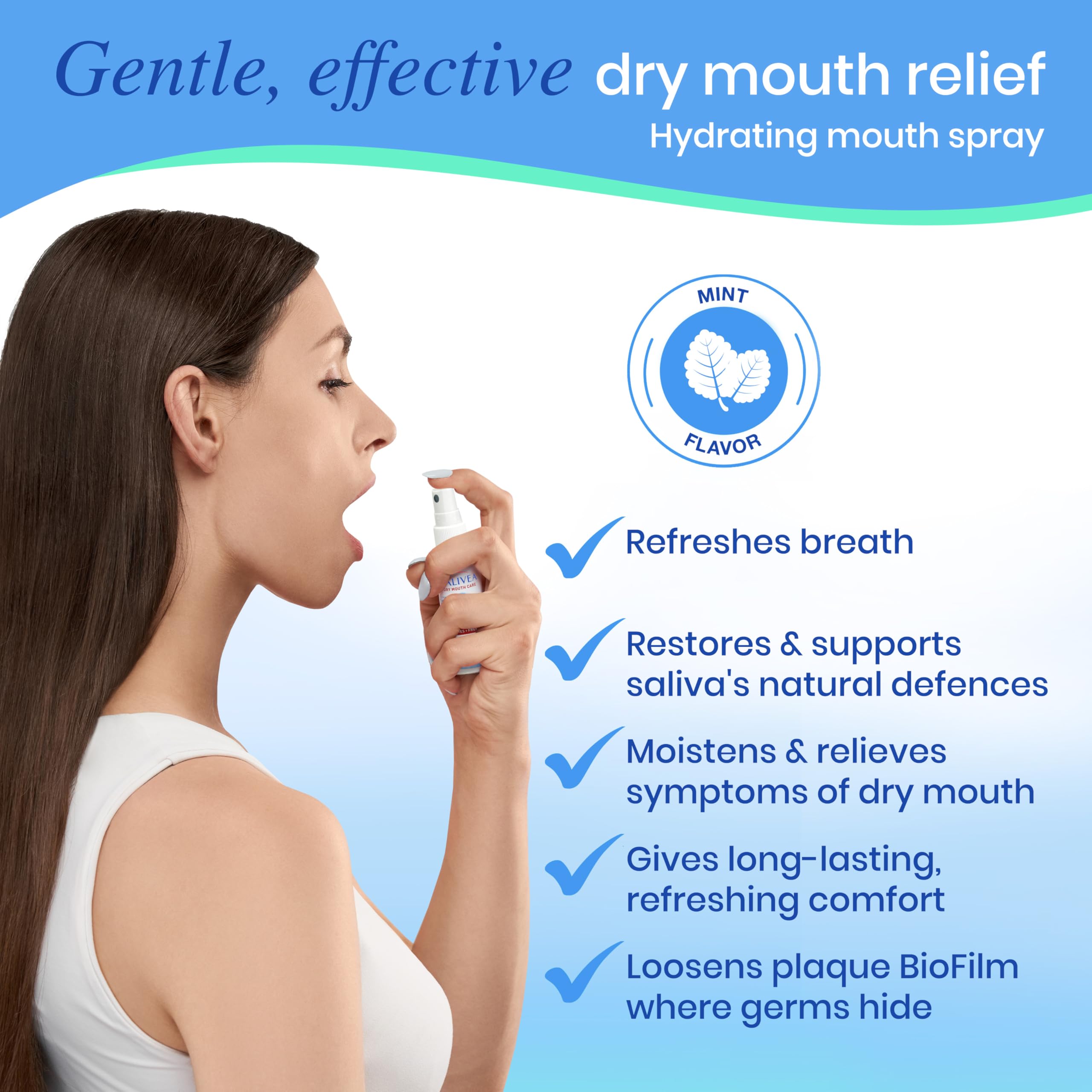 Mouth spray nozzle dispensing SALIVEA mint spray
