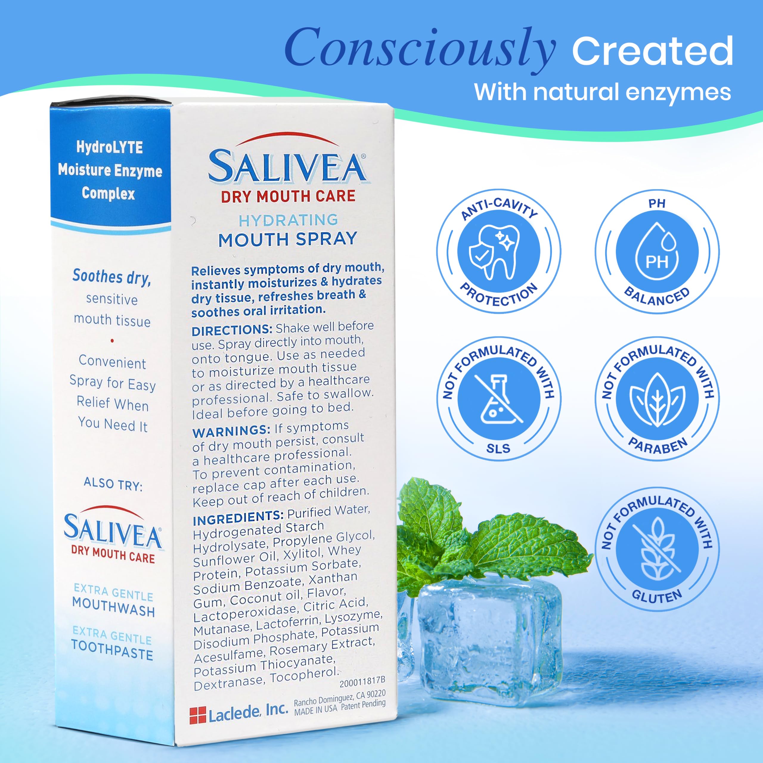Hand applying SALIVEA mint spray to moisturize dry mouth