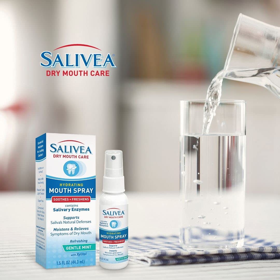 Close-up of SALIVEA Dry Mouth Spray nozzle and mist