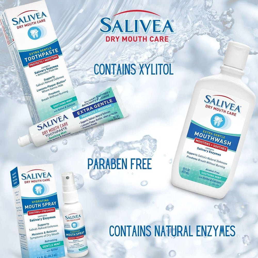 SALIVEA family display including mouthwash and toothpaste
