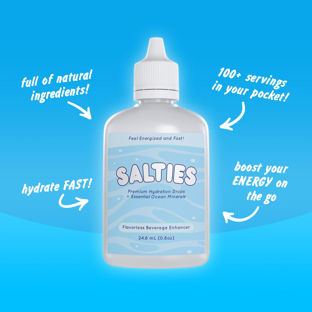 Salties Electrolyte Drops drops close-up highlights mineral blend for daily hydration.