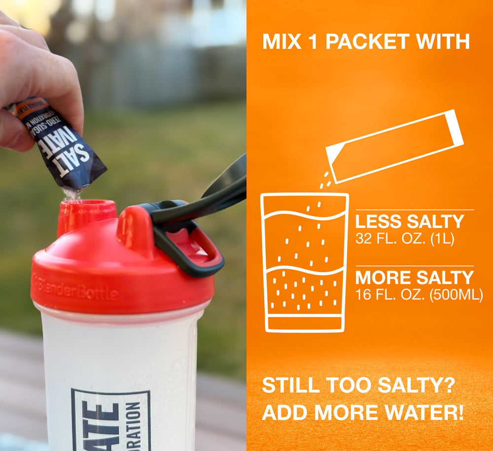 Saltivate electrolyte powder dissolving in water for quick refreshment after activity.