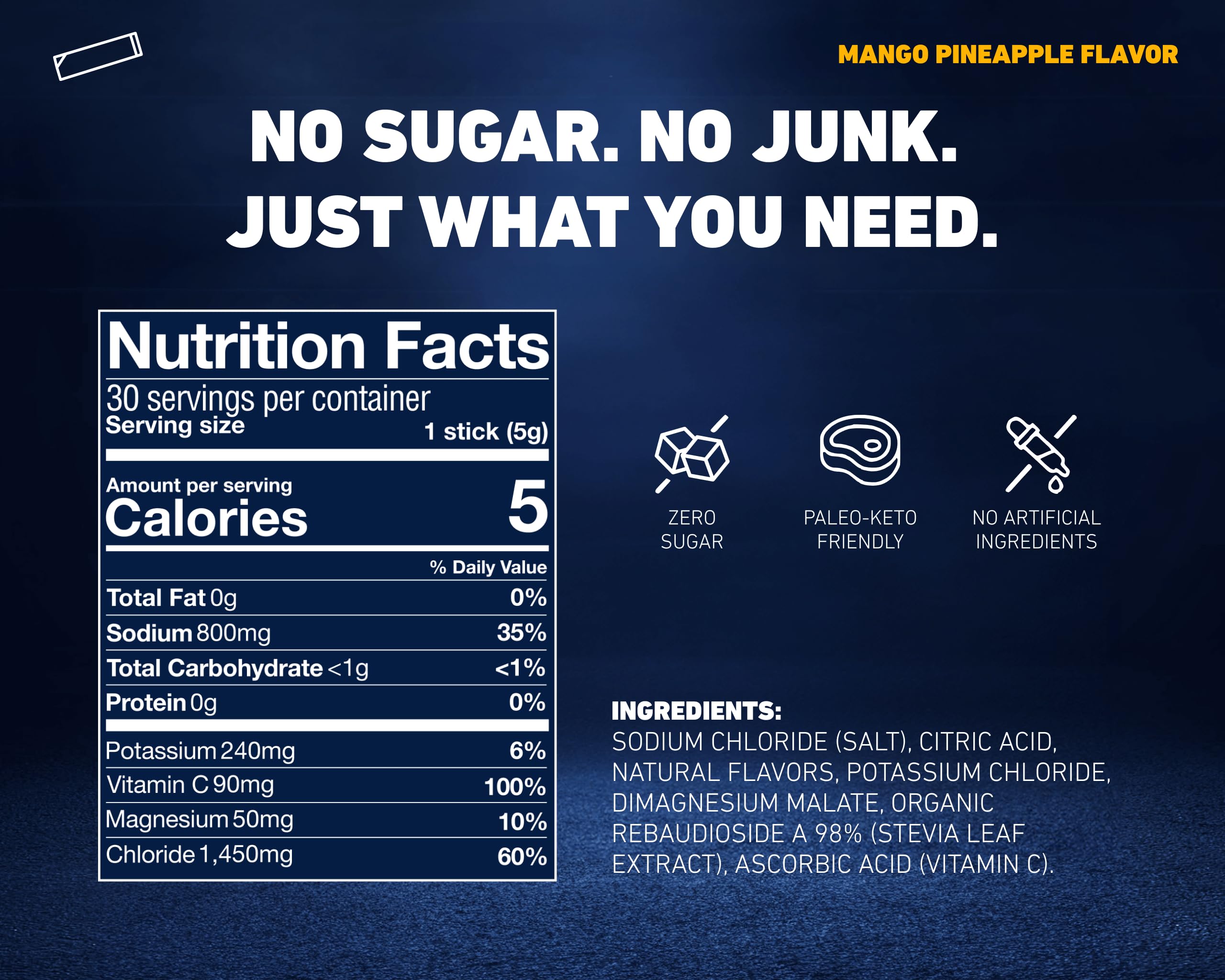 Saltivate Mango Pineapple bottle with water emphasizes sugar-free hydration.