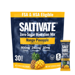 Saltivate Mango Pineapple electrolytes pack-front highlights tropical flavor and 800mg sodium for fast hydration.