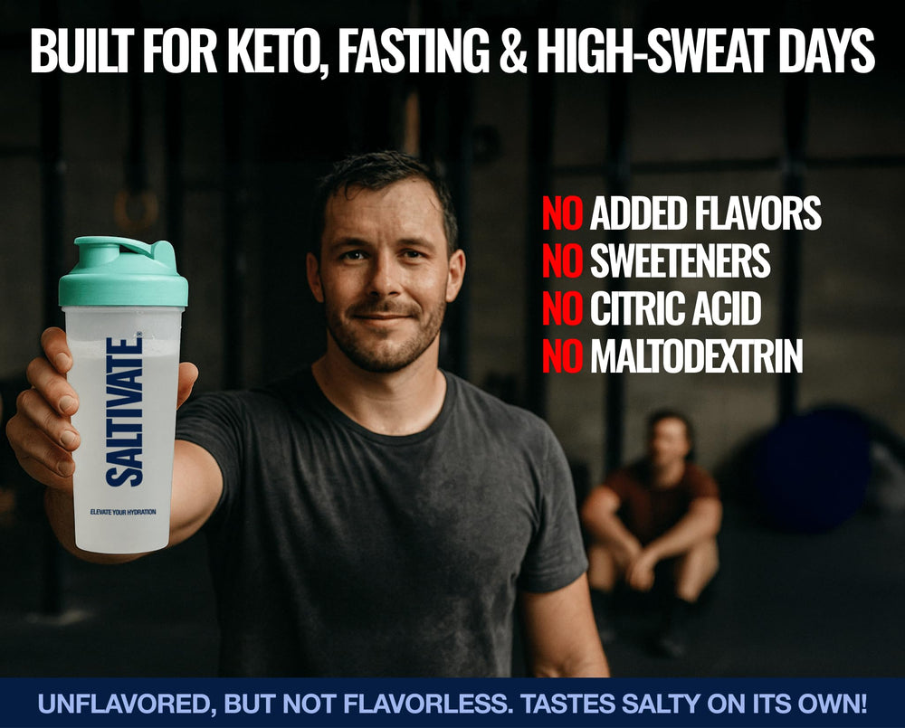Saltivate label close-up shows no sugar or flavorings for clean hydration.