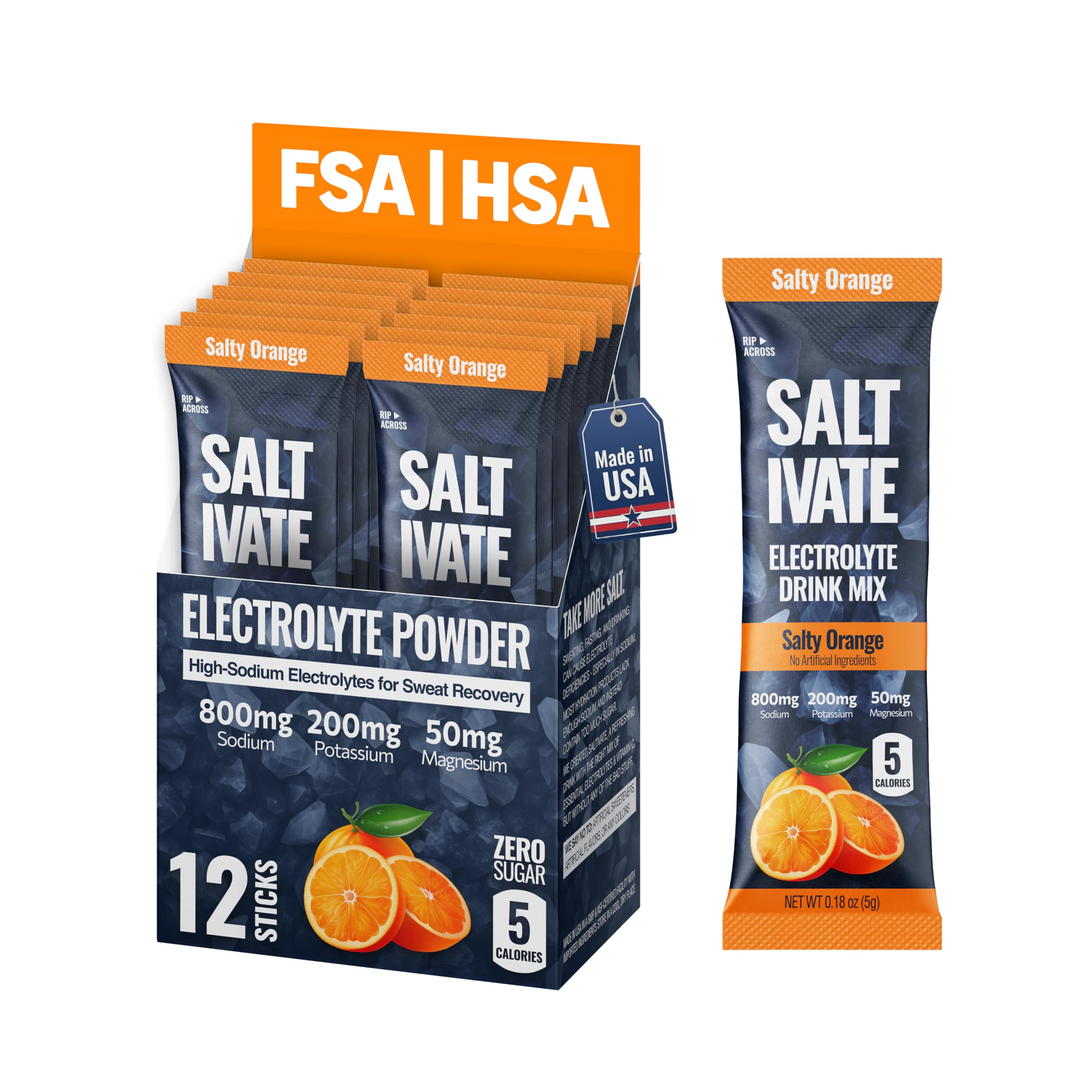 Saltivate salty-orange electrolytes packet closeup for on-the-go hydration.