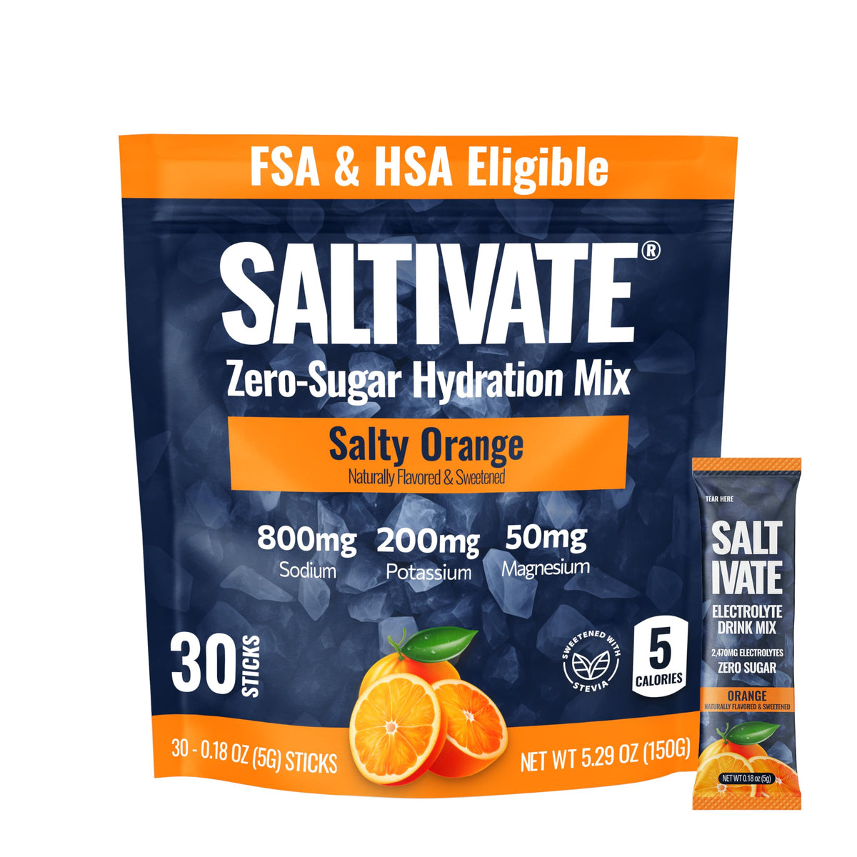 Saltivate Salty Orange electrolytes packet in water glass for quick hydration