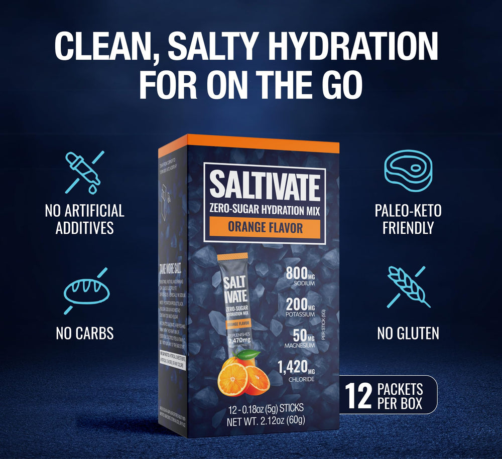 Saltivate stick packs on gym bag highlight portable hydration on demand.