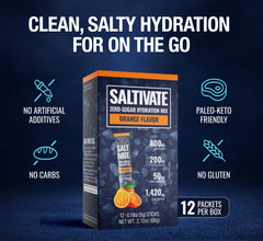 Saltivate stick packs on gym bag highlight portable hydration on demand.