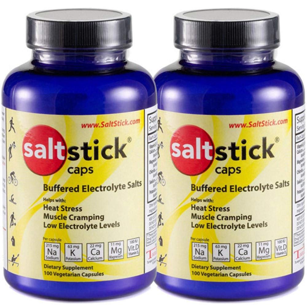 SaltStick Caps bottle front view showing easy-to-swallow electrolyte capsules for on-the-go hydration.