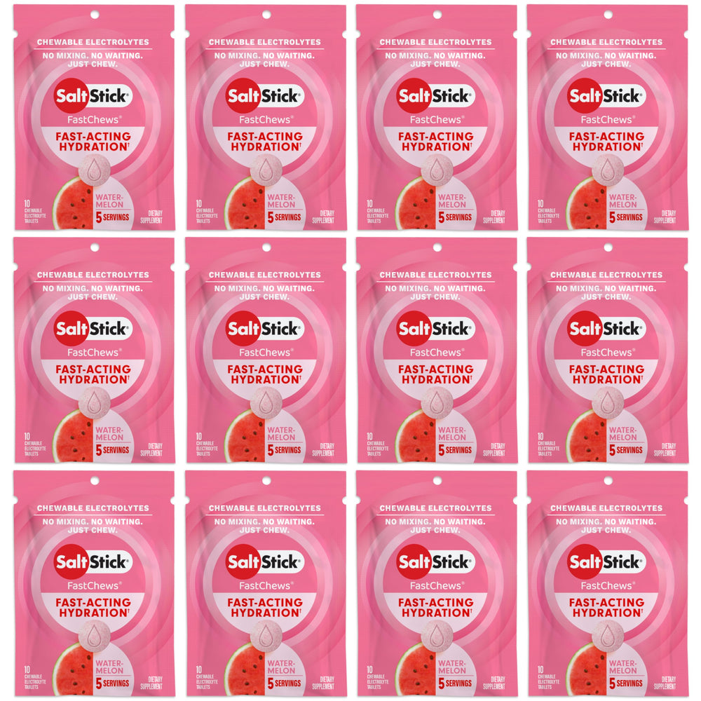 SaltStick Electrolyte FastChews watermelon hero bottle displays refreshing hydration on the go.