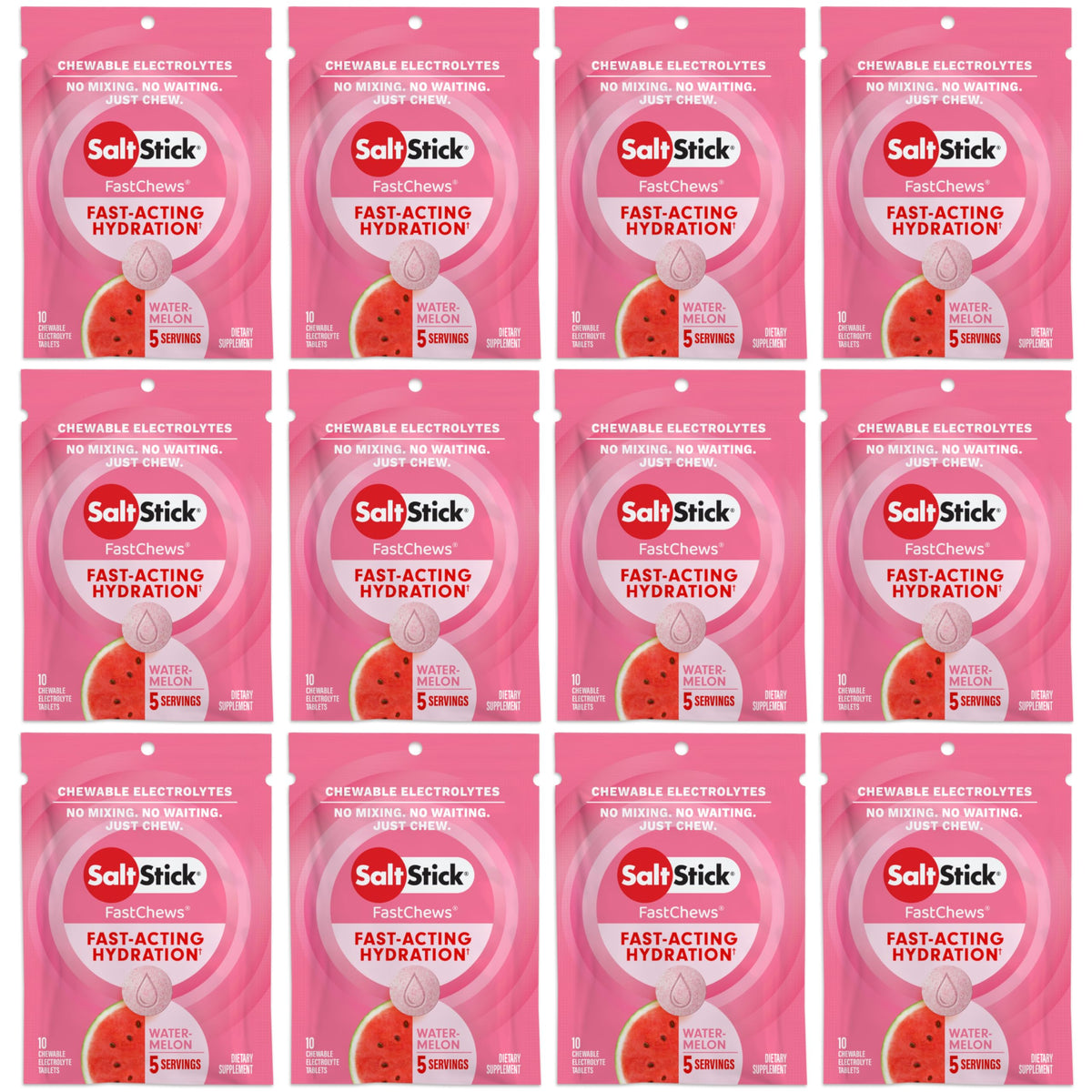 SaltStick Electrolyte FastChews watermelon hero bottle displays refreshing hydration on the go.