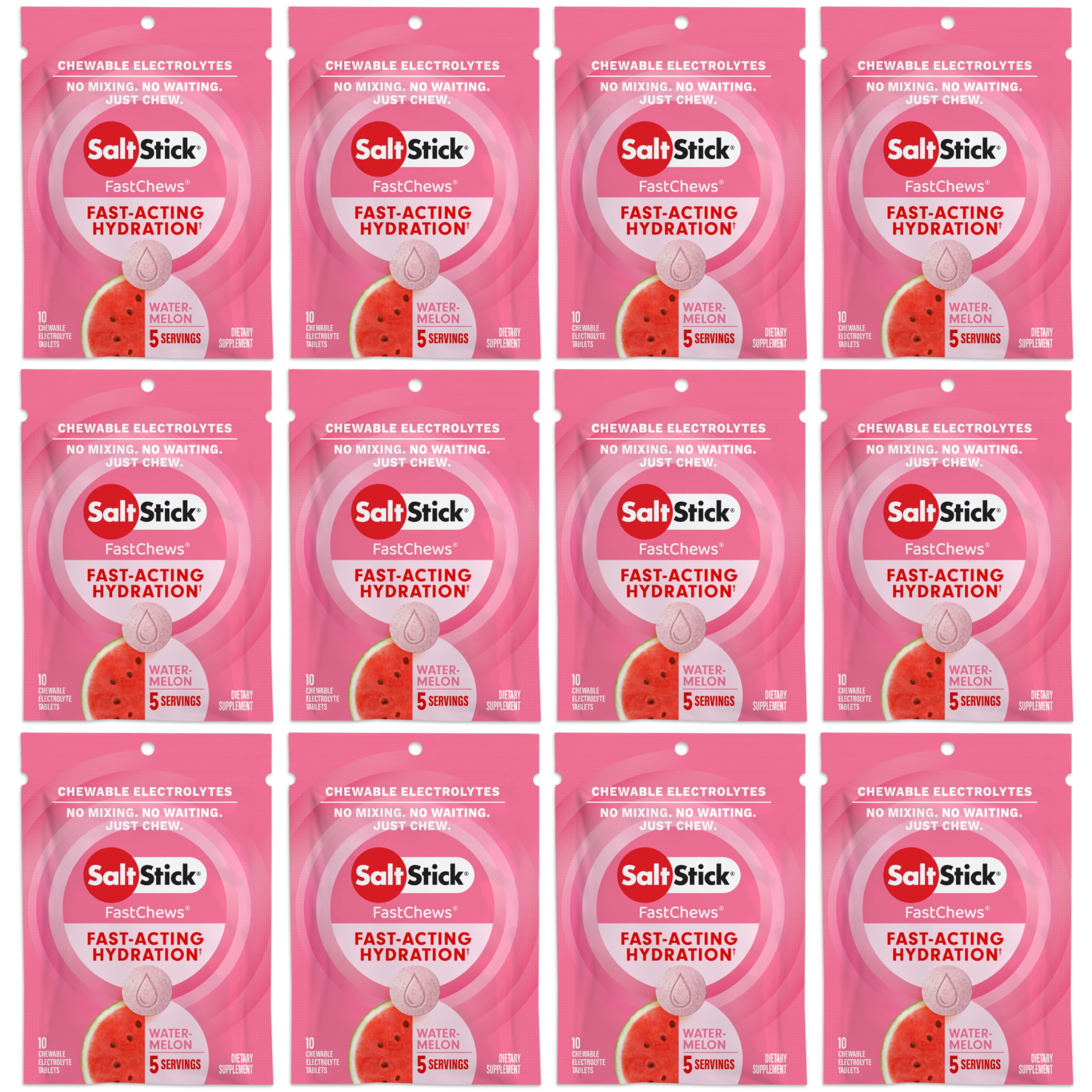 SaltStick Electrolyte FastChews watermelon hero bottle displays refreshing hydration on the go.