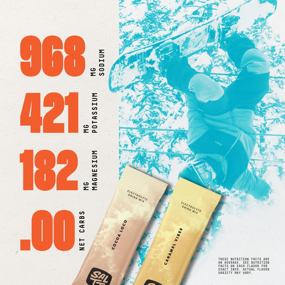 Close-up of SALTT Cocoa electrolyte powder packets