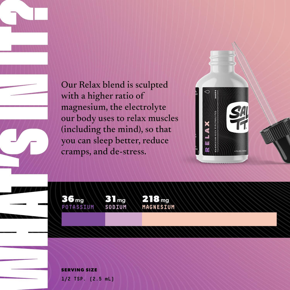Side view of SALTT Relax Magnesium Drops bottle