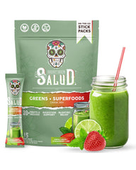 Front of Salud 2-in-1 Greens Powder & Superfoods Strawberry Lime packaging