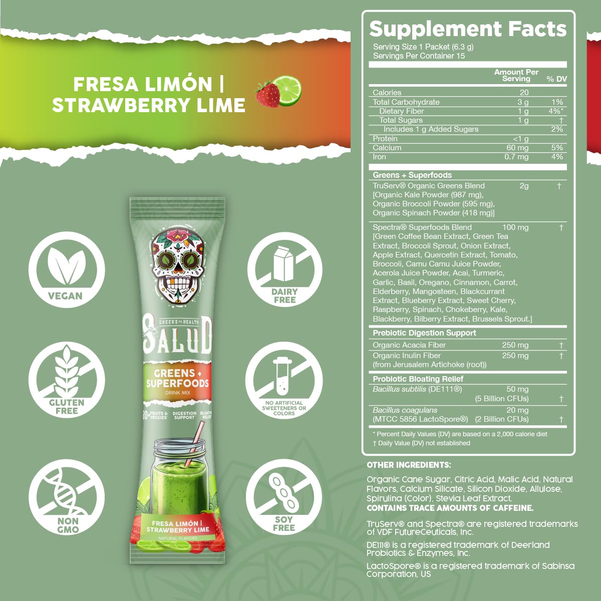 Close-up of TruServ Organic Greens ingredients (20+ fruits and vegetables)