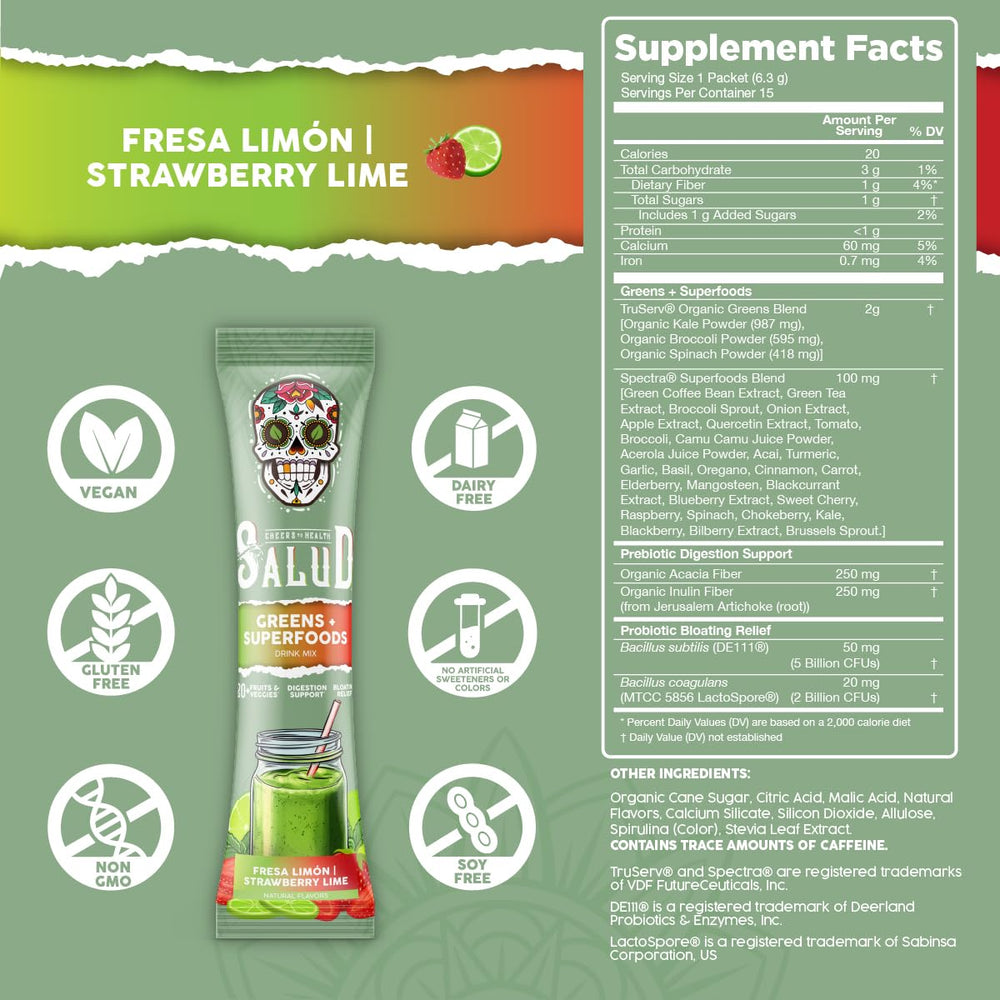 Close-up of TruServ Organic Greens ingredients (20+ fruits and vegetables)