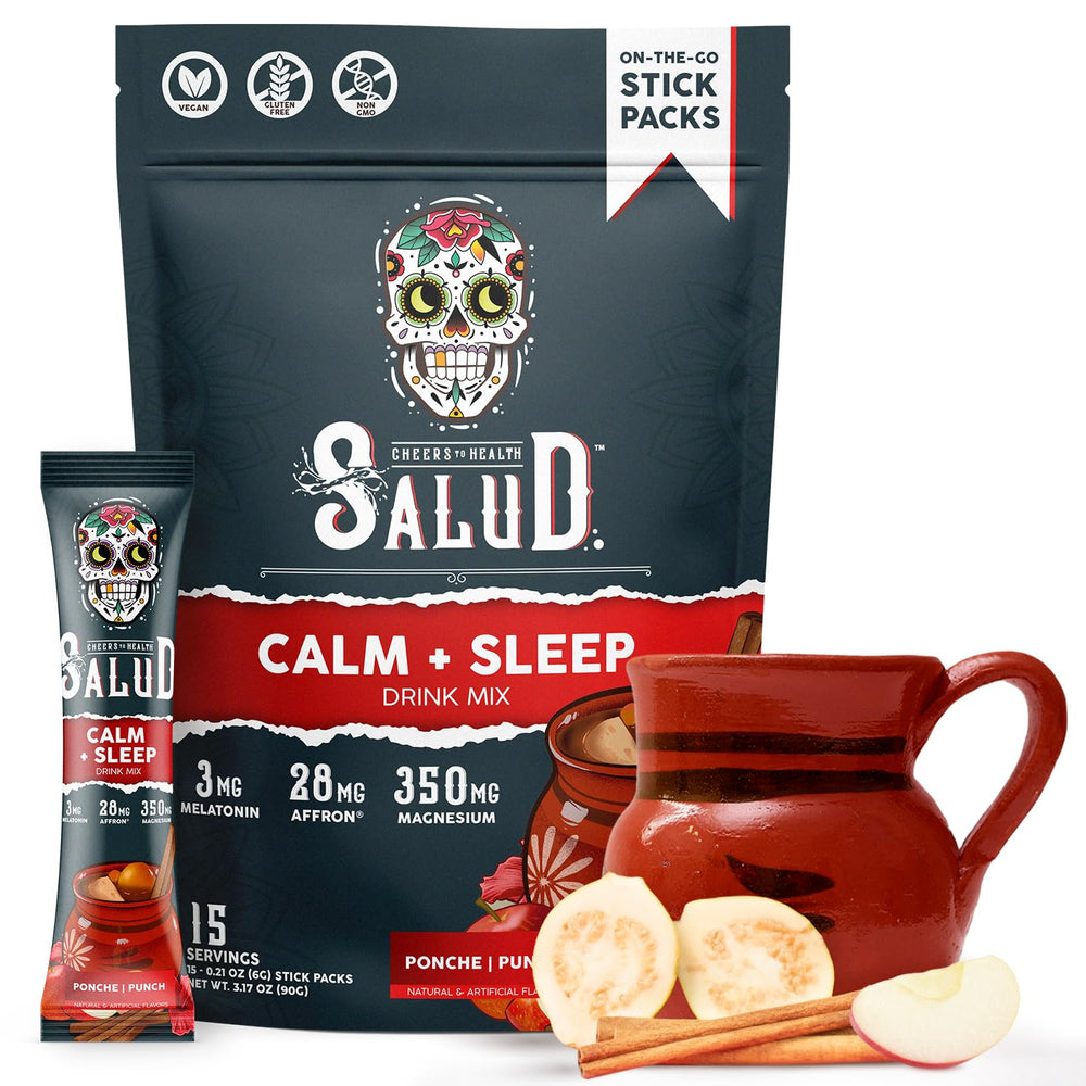 Front packaging of Salud 2-in-1 Sleep Aid Calm Drink Mix in Punch Ponche flavor.