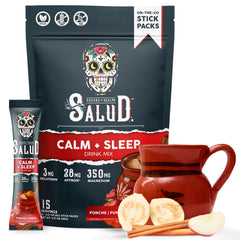 Front packaging of Salud 2-in-1 Sleep Aid Calm Drink Mix in Punch Ponche flavor.