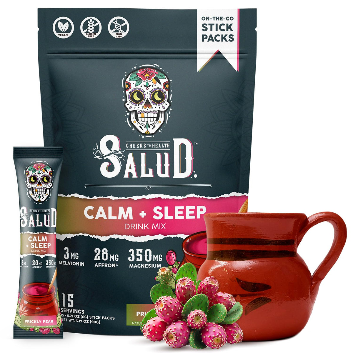 Front view of Salud 2-in-1 Sleep Aid + Calm Drink Mix with Prickly Pear flavor