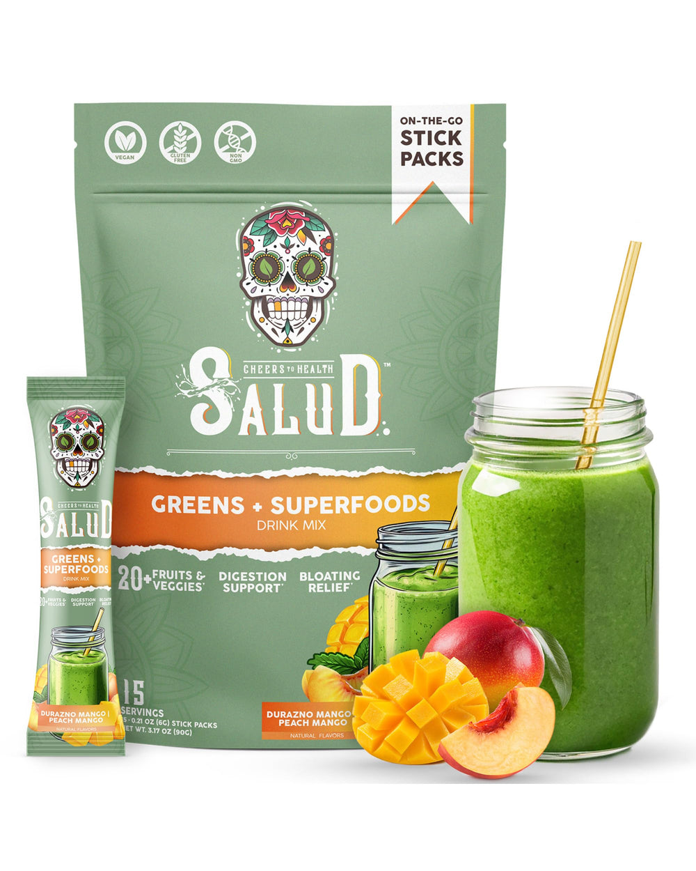 Salud 2-in-1 Greens Powder + Superfood Drink Mix Packets Peach Mango – front packaging