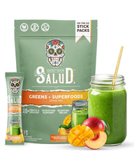 Salud 2-in-1 Greens Powder + Superfood Drink Mix Packets Peach Mango – front packaging
