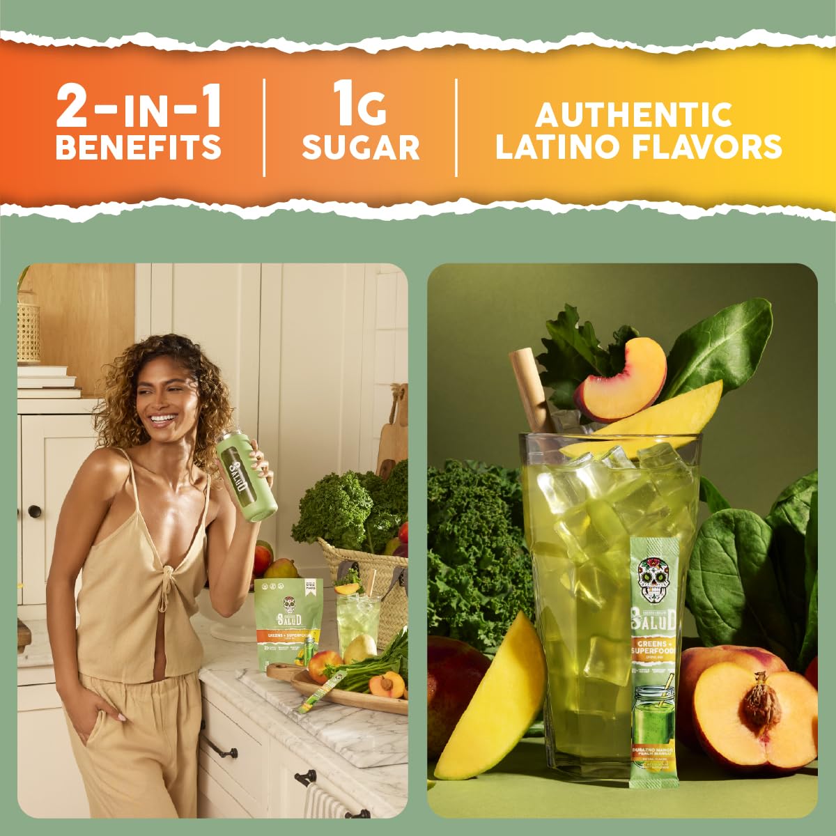 Single Salud packet showing 1 serving and peach mango label