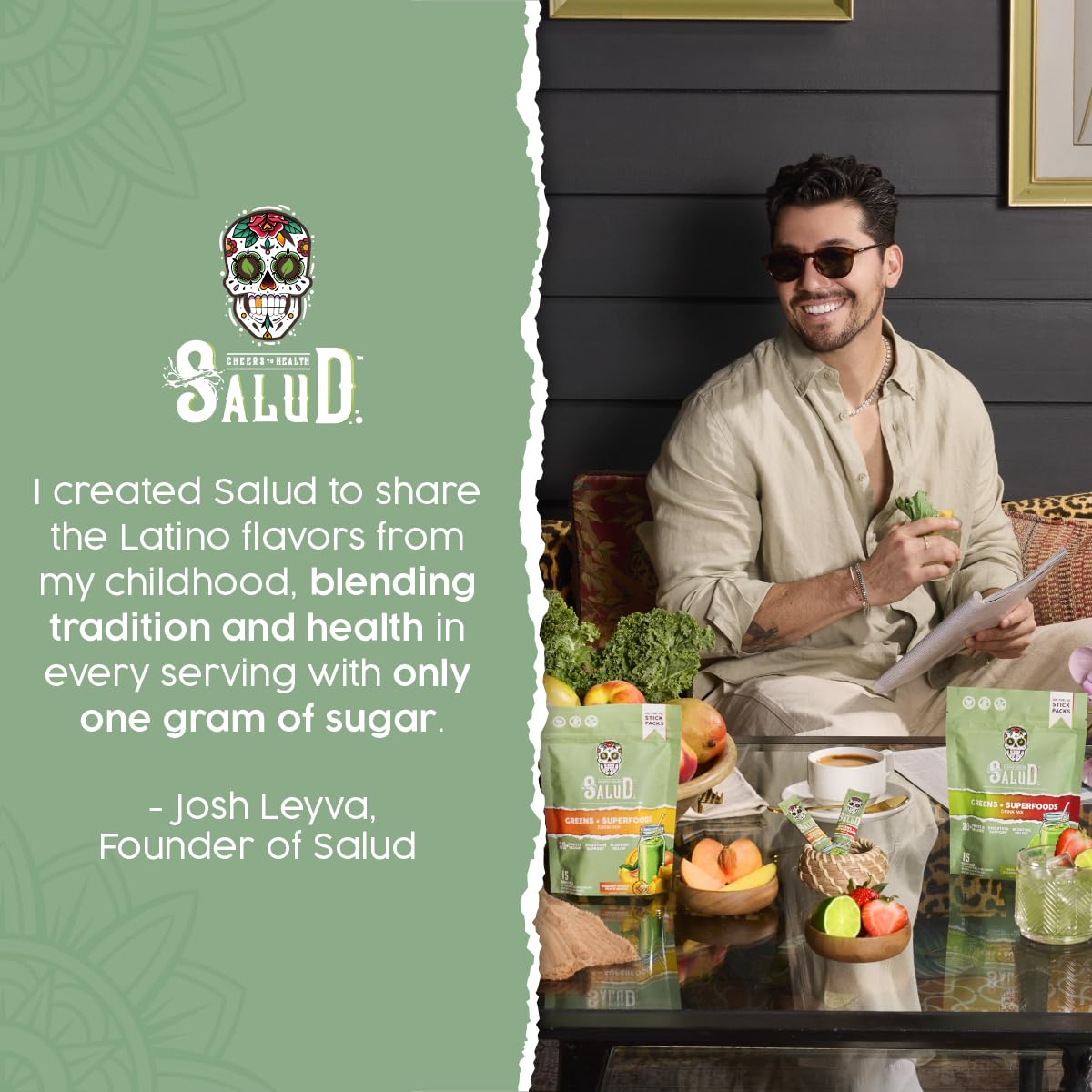 Prepared Salud drink in a glass with peach mango color