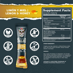 Glass of water with Salud Lemon Honey flavor drink mix being prepared