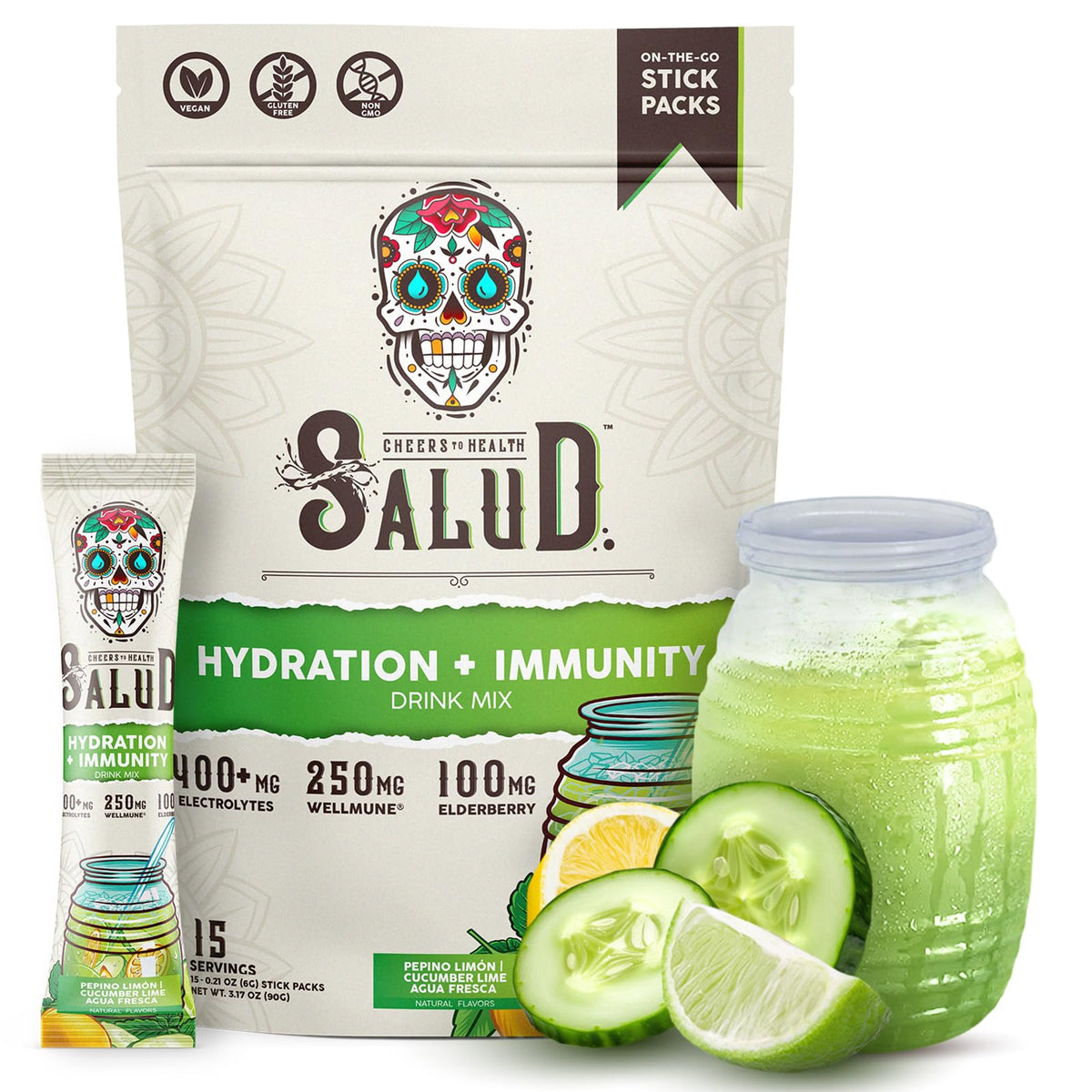 Salud hydration packets with cucumber lime flavor and immunity electrolytes