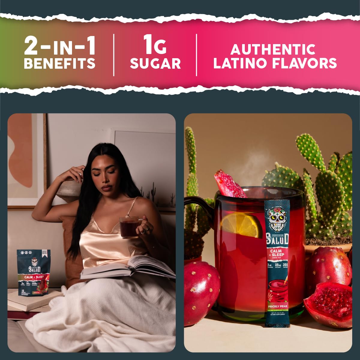 Ready-to-drink Salud 2-in-1 Sleep Aid mix poured into a glass