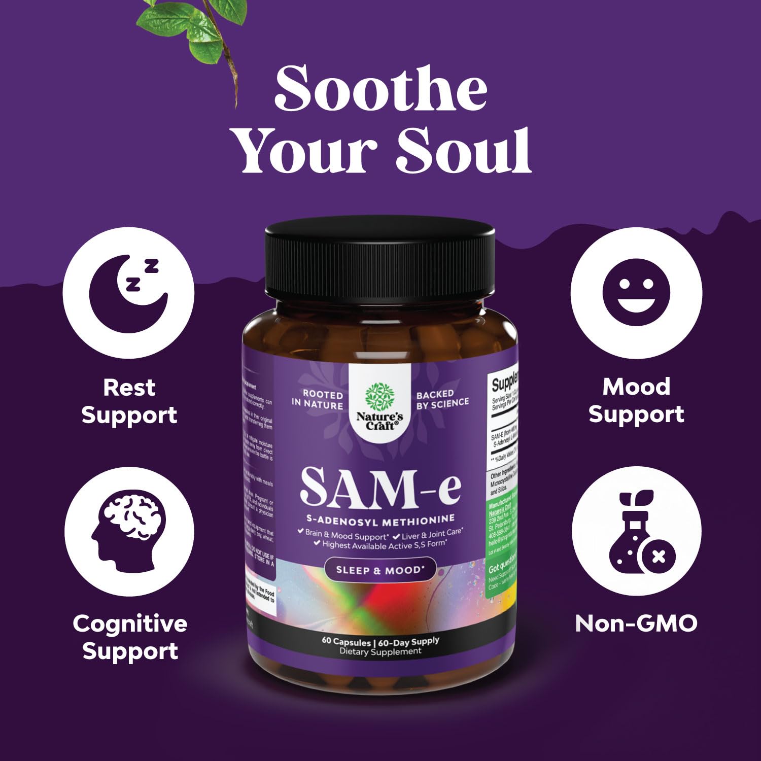 Label showing vegan, non-GMO and gluten-free claims for Sam-E 200mg