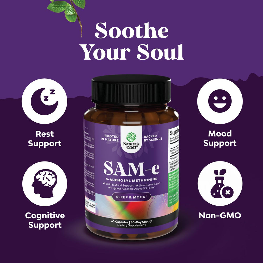 Label showing vegan, non-GMO and gluten-free claims for Sam-E 200mg