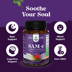 Label showing vegan, non-GMO and gluten-free claims for Sam-E 200mg