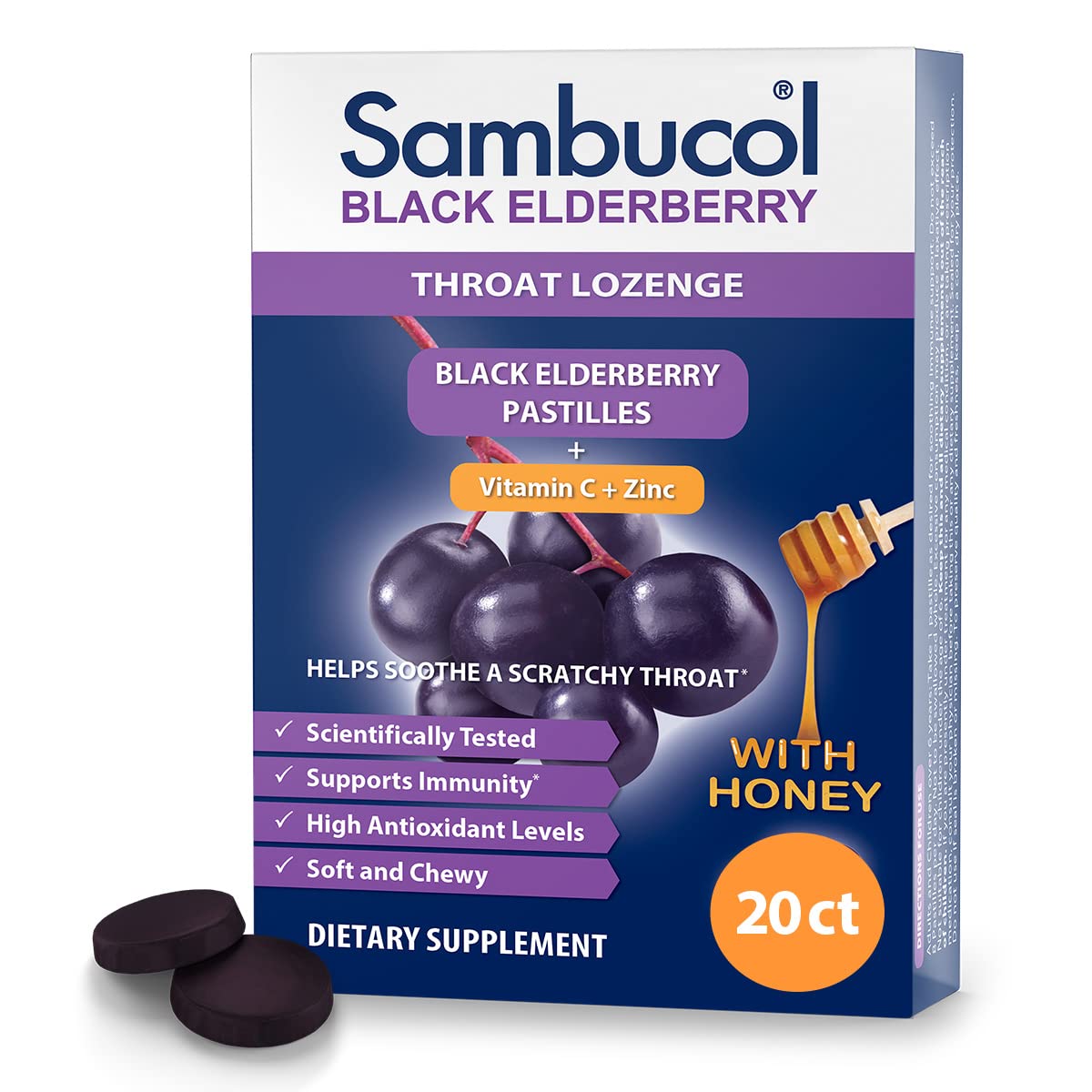 Front view of Sambucol Black Elderberry Throat Lozenge packaging