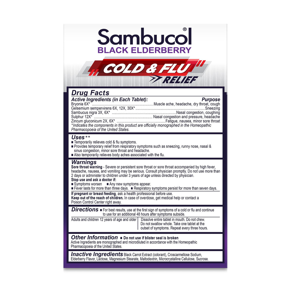 Front view of Sambucol Cold and Flu Relief Tablets packaging