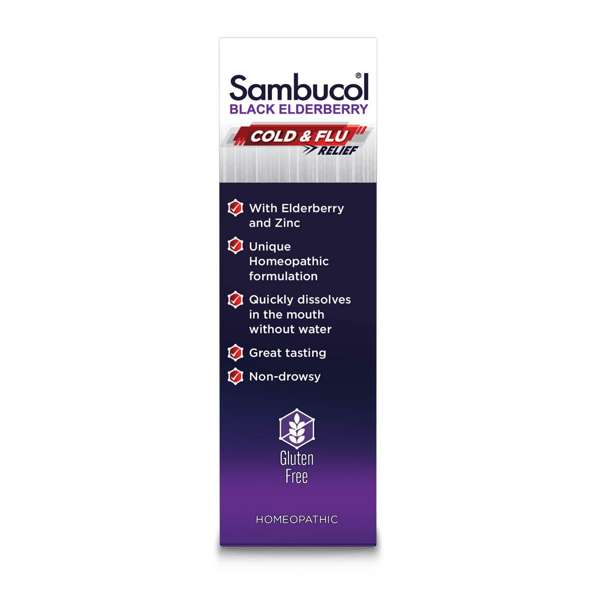 30-count Sambucol Relief Tablets label and packaging detail