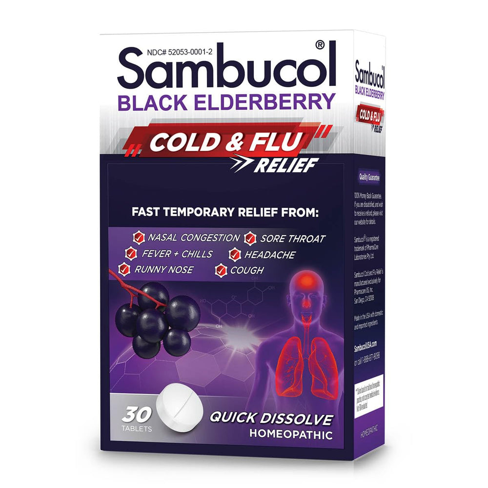 Hero image: Sambucol Cold and Flu Relief Tablets bottle and packaging